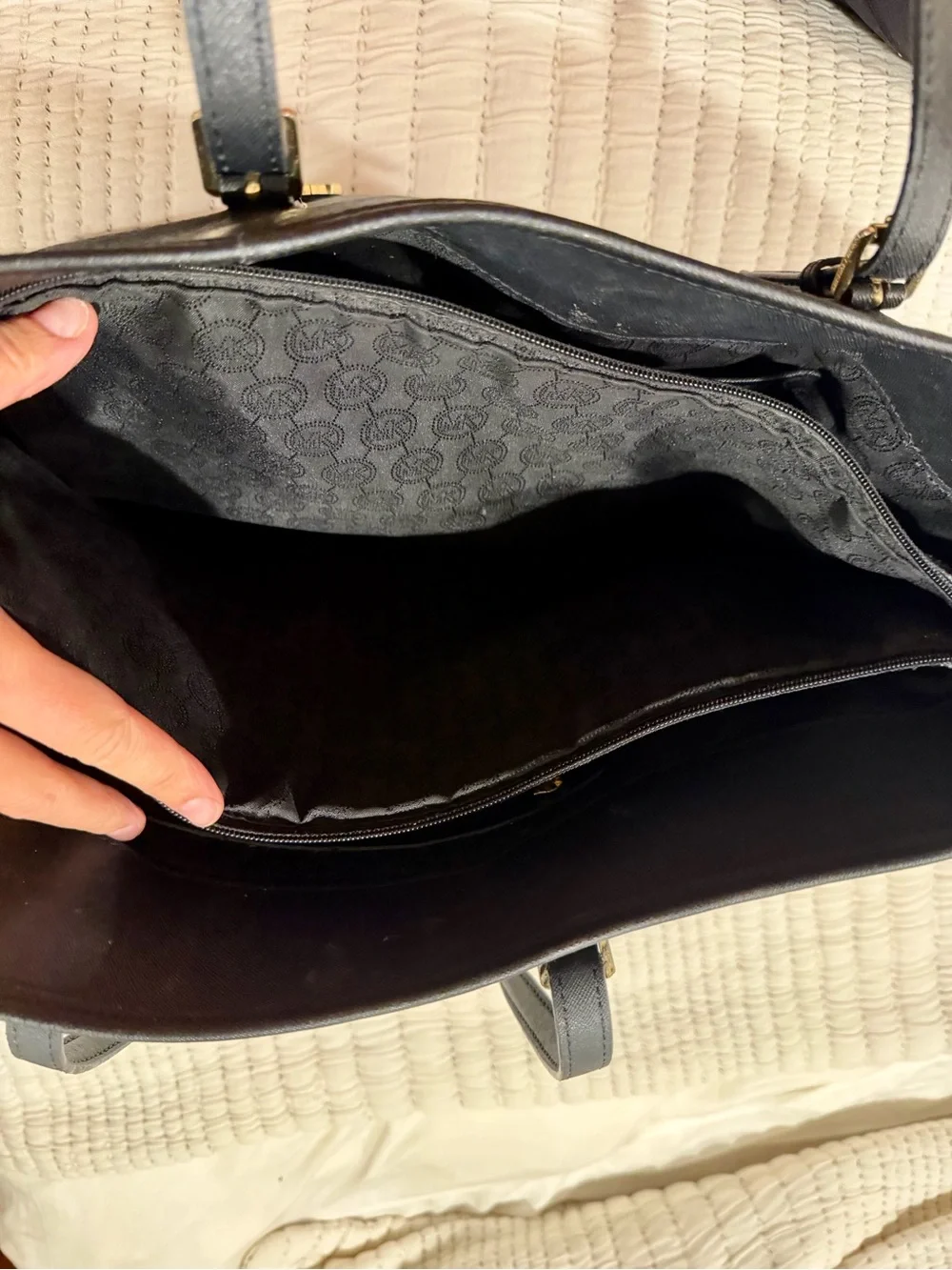 Michael Kors Black Leather Tote with Gold MK Charm